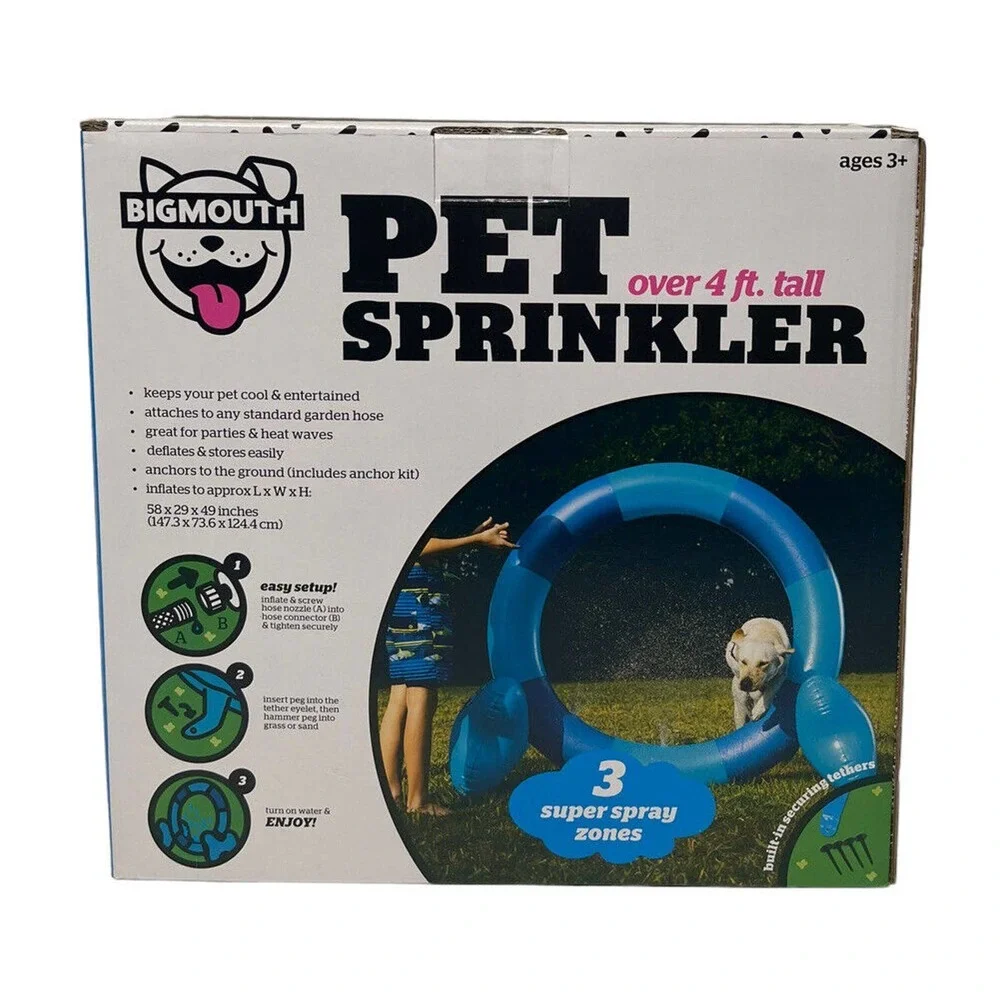 Pet Dog Water Sprinkler 3 Super Spray Zones Bigmouth Over 4' Tall Inflatable